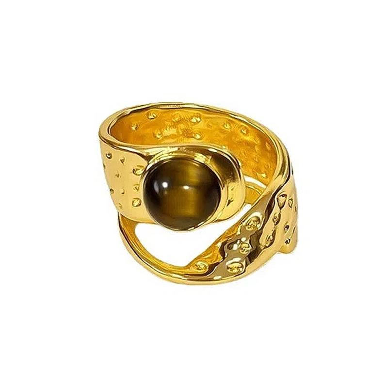 Fashion Temperament Maillard Retro Hong Kong Style Imitation Tiger'S Eye Stone Open Ring Women'S Irregular Light Luxury Personality Index Finger Ring
