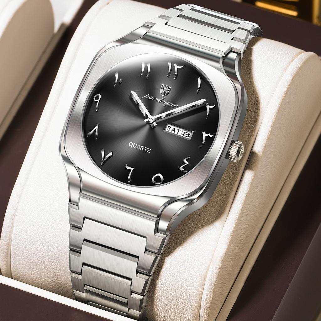 POEDAGAR Luxury Man Wristwatch Original Business Stainless Steel Quartz Watch Waterproof Date Men's Watches Week Clock Reloj