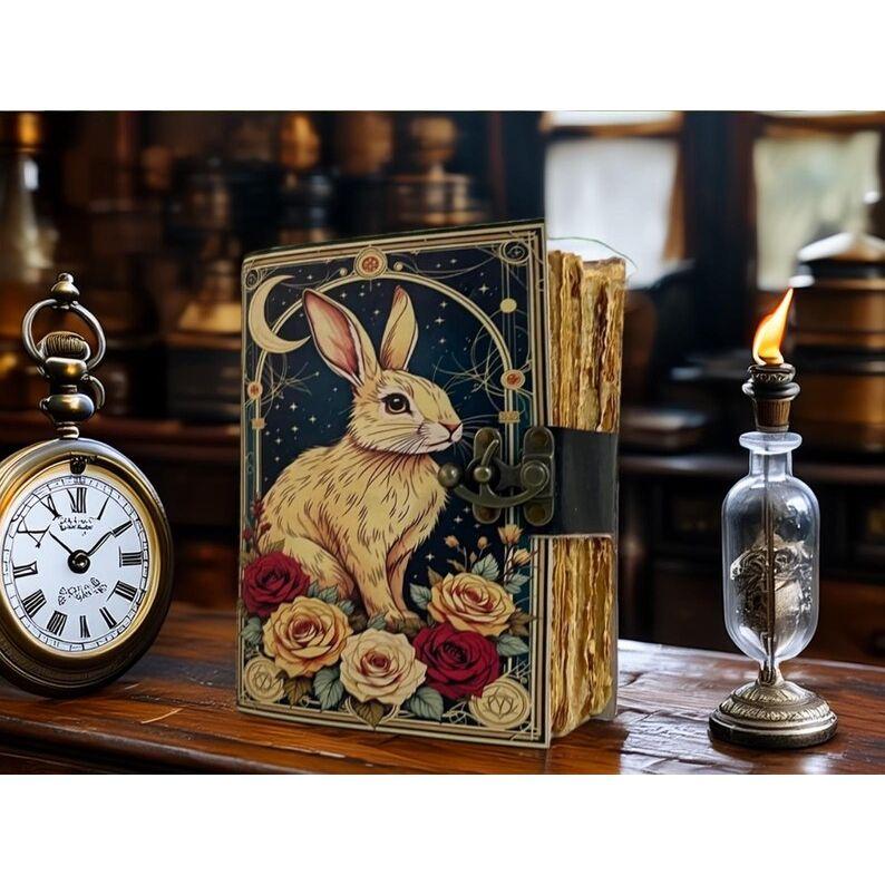 Handmade Leather Journal – Rabbit & Roses • Travel Diary / Sketchbook • Gift for Animal Lover