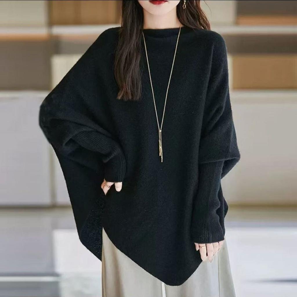 Women's Thin Knitted Batwing Sweater Loose Boat Neck Irregular Sweater Autumn Winter Soft Stretchy Knitted Top