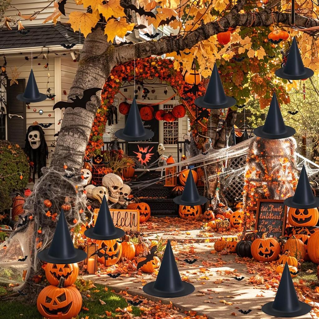 Dokeawo Witch Hats 8 Pack Halloween Witches Hat with 108 Feet Hanging Rope & 32Pcs 3D Bats, Hanging Witch Hats Halloween Decor Witches Costume