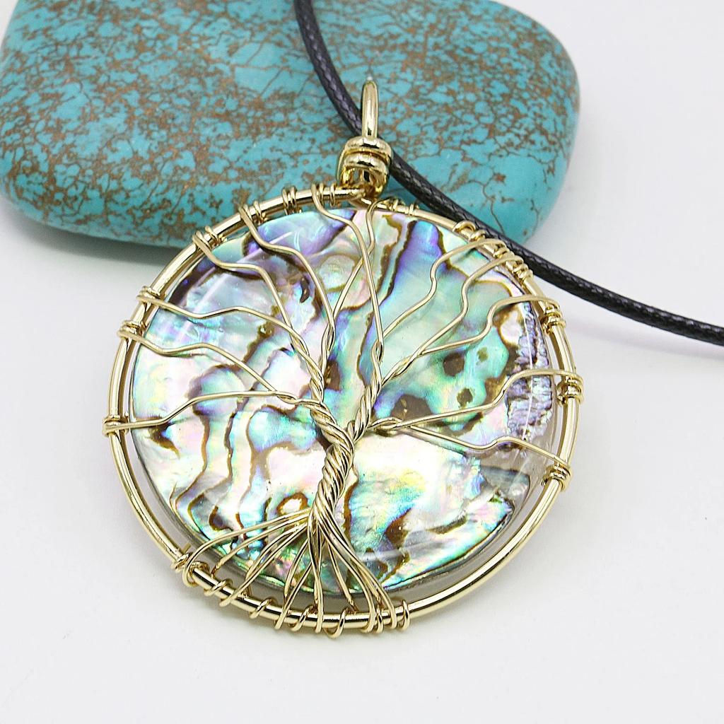 45mm Natural Round Shell Pendant,Tree of Life Necklace,black/white,Men/women Wearable,Complimentary Leather Chain,Friends Gifts
