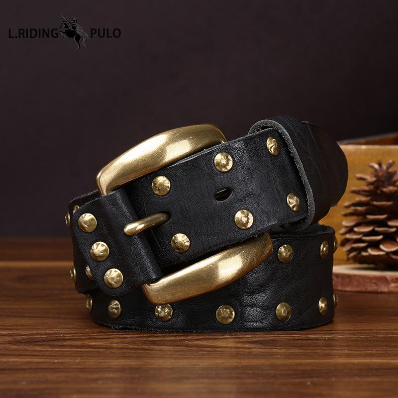 Punk-style Studded Leather Belt for Men Genuine Leather with Pin Buckle Washed, Vintage, Distressed Finish, Pure Cowhide, Unique Casual Denim Belt.