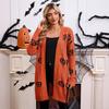 Women's V Neck Long Sleeve Pumpkin Print Knit Open Front Mid Length Cardigan