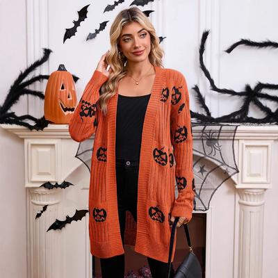 New European And American Sweater Women'S Halloween Pumpkin Head Jacquard Knitted Cardigan Jacket Sweater