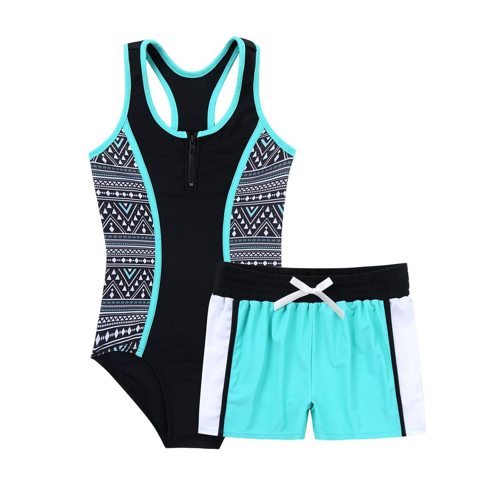 Girls One Piece Swimsuit Set Sleeveless Racer Back Design Matching Boyshorts Beach Swimwear Outfit