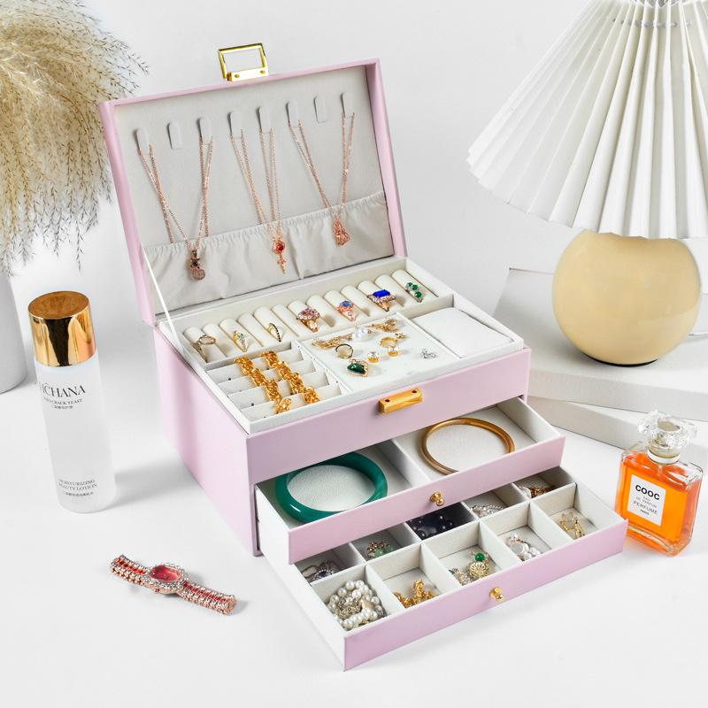 Cuir PU de haute qualité à trois couches Type tiroir Anti-poussière Anti-oxydation Multifonctionnel Boîte de rangement pour bagues boucles d'oreilles colliers