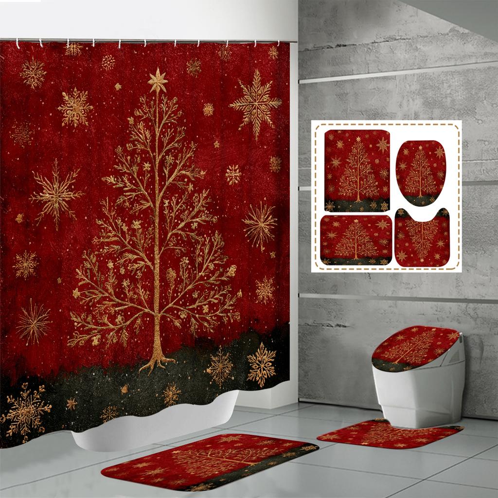 4PCS  Shower Curtain Sets With Shower Curtain And Rugs Toilet Lid Rug U Shape Mat And Bath Mat Bathroom Set  With 12 Hooks