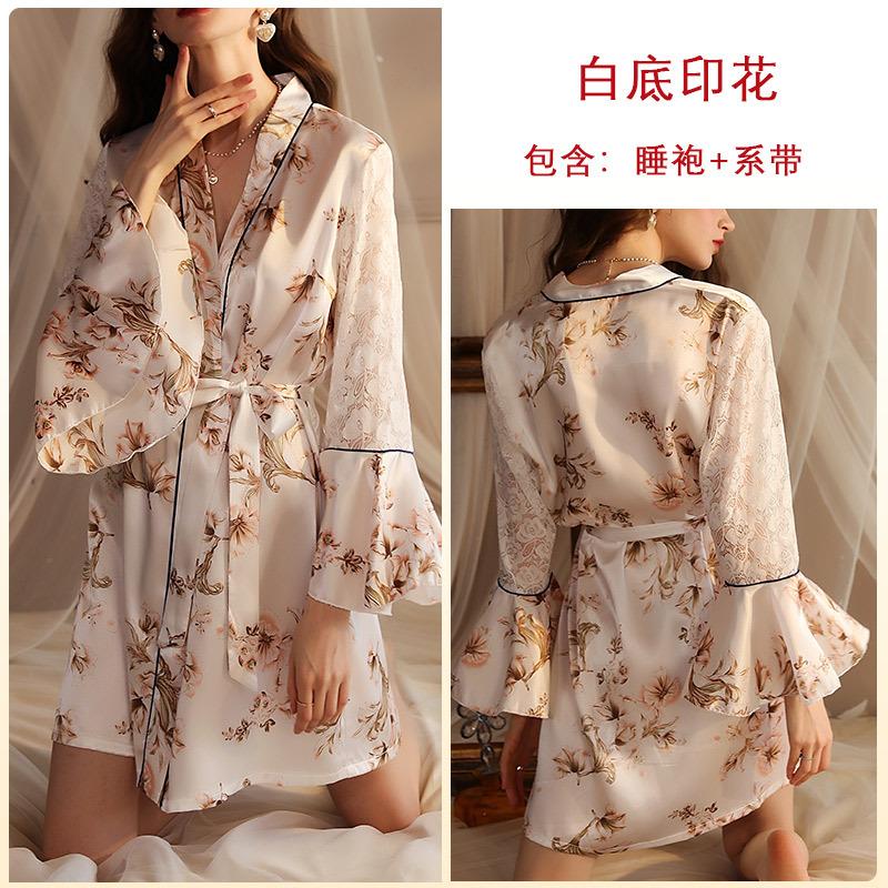 

Sexy nightgown light luxury pajamas women s bathrobe satin lace seduction bridesmaid clothes cardigan clothes L