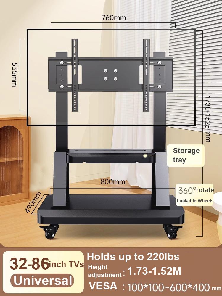 Mobile TV Stand for 32-86” TVs,Tilt TV Cart Holds up to 220Lbs Portable Stand with Storage Shelf Rolling Floor VESA 700x500mm