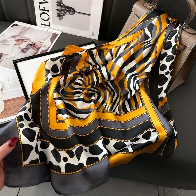70Cm Zebra Print Leopard Dot Printed Scarf Women Geometric Color-Blocking Imitation Silk Scarf Retro Versatile Headscarf Shawl