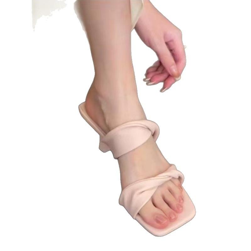 High heels women's summer new square head thin heel pink one-word strap sandals open-toed versatile outer slippers