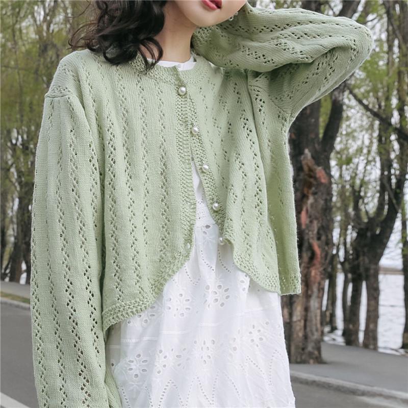 Women's Lightweight Knit Cardigan - Spring 2026 New Style, Solid Color, Gentle Sun Protection, Hollow-Out Design.