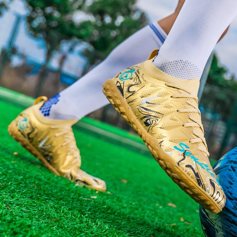 Men's High Top Football Boots Rubber Soft Sole Short Spikes Artificial Turf Leather Youth Children's Football Boots