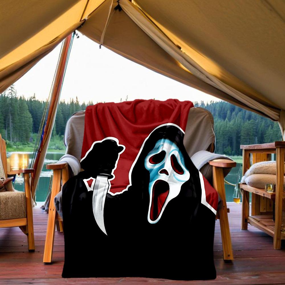 1PC Ghostface Scream Outdoor Flannel Throw Blanket - HD Printed Lightweight Soft Warm All-Season Blanket for Sofa, Bed, Travel, Camping 034