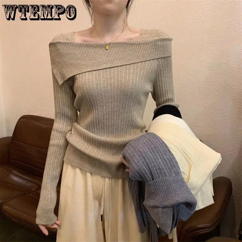 Slash Neck Knitwear Off Shoulder Top Women's Thin Bottomed Shirt Slim Long Sleeve Hotsweet Casual Commuting New Fashion