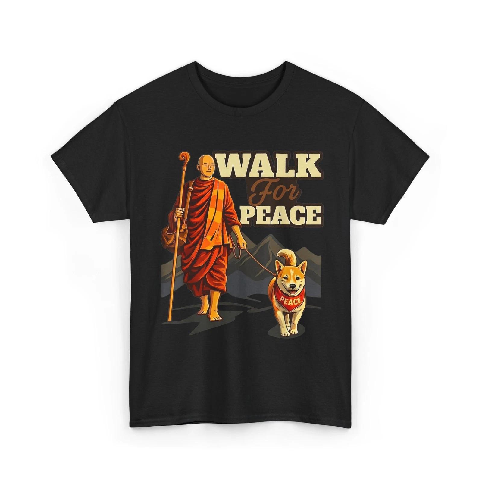 Walk for Peace Buddhist Monk and Shiba Inu Dog Illustration T-Shirt XL