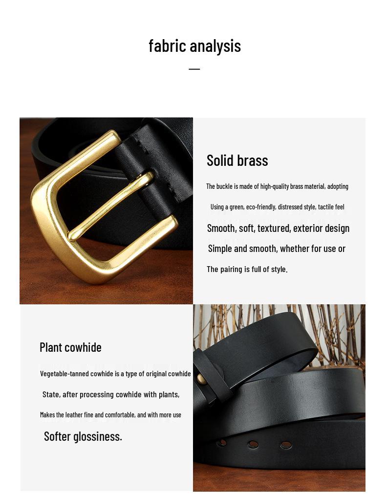 Men's Genuine Leather Belt with Solid Brass Buckle - European Retro Style, Durable Cowhide Waistband