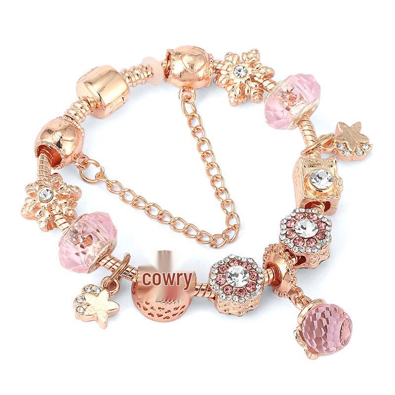 Pan's Rose Gold European Style Princess Crown Heart Pendant Bracelet for Women - DIY Customizable Series.