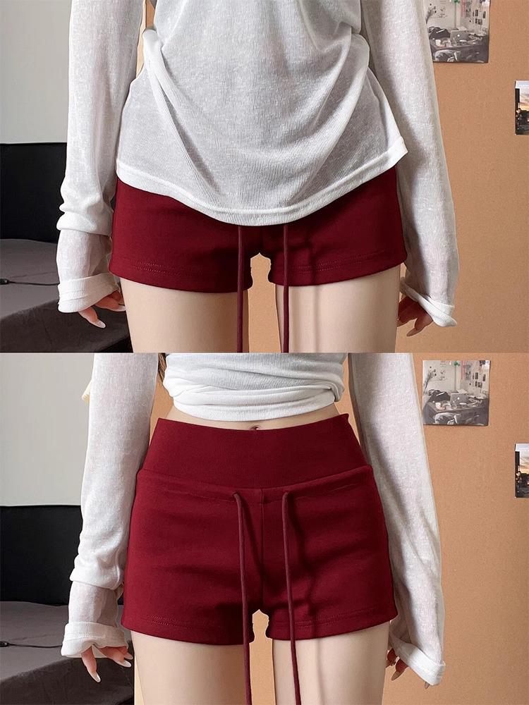 Women's Red Spicy Girl Yoga Shorts - Low-Waist, Slimming, Drawstring, Hip-Hugging Summer 2025