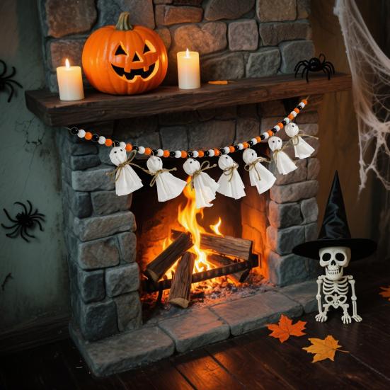 7.2FT Halloween Ghost Garland with Wooden Beads Handmade Rustic White Ghost Decor Vintage Farmhouse