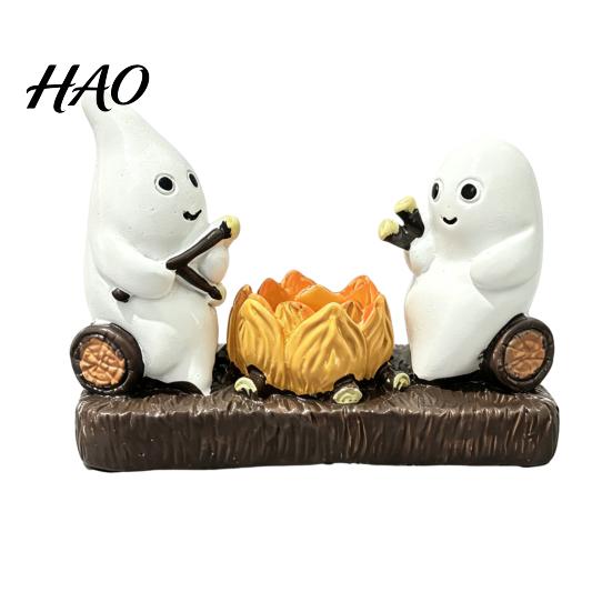 Night Atmosphere Light Base Cute Ghost And Bonfire Figurine, Resin Campfire Ornament for Halloween Tabletop Gift Friends Decor, Cartoon Double Statue