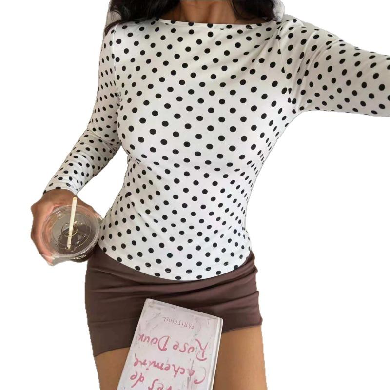 Women S White Polka Dot Long Sleeve T Shirt Elegant Casual Fashion