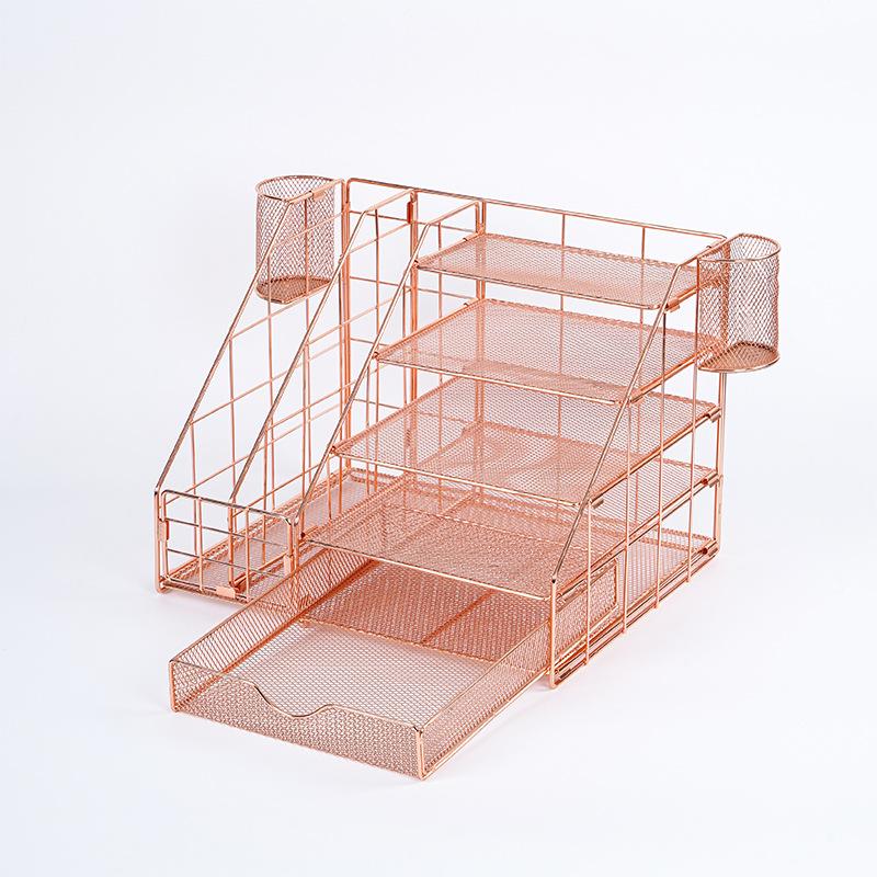 Rose gold desktop storage rack, office multi-layer desktop metal file storage rack