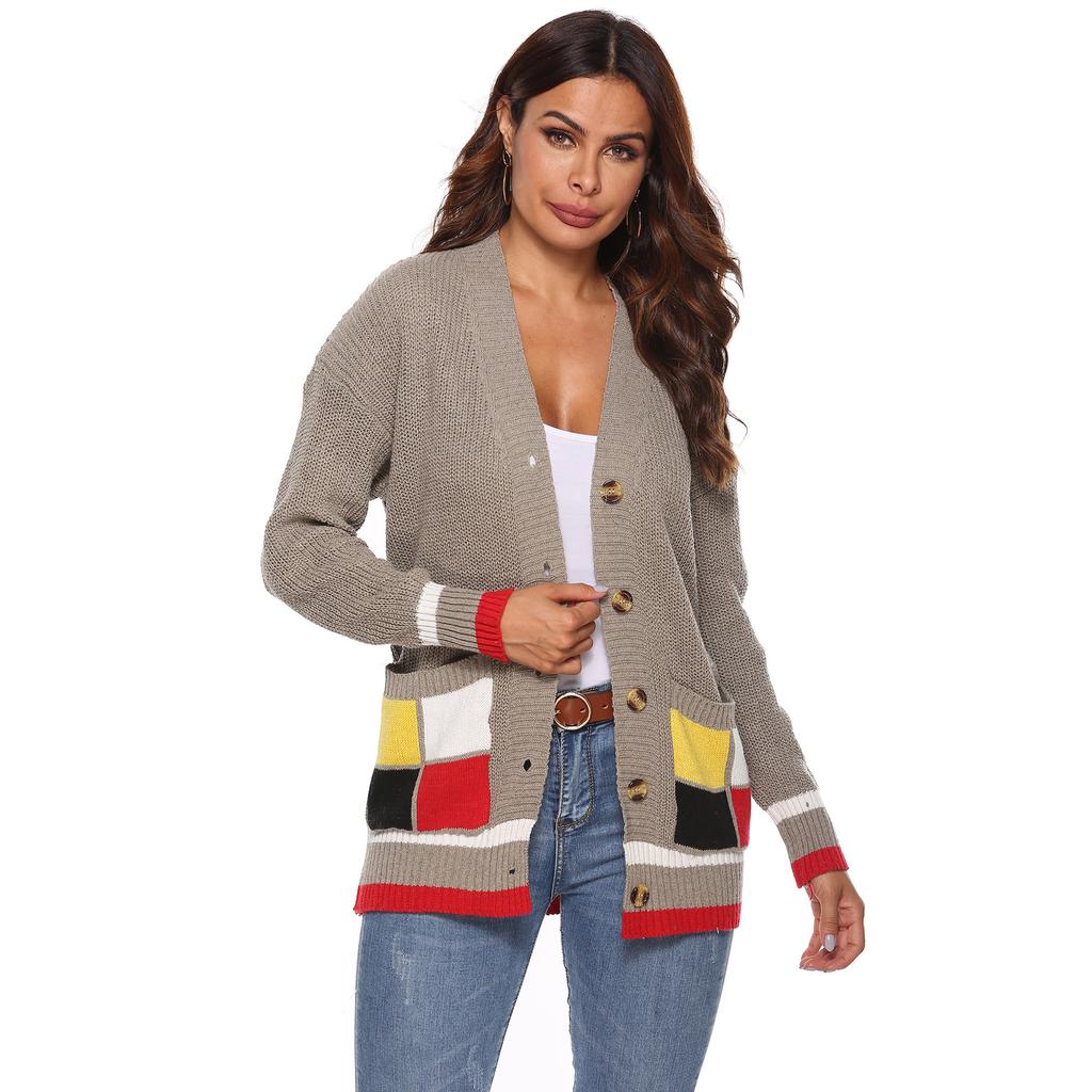 Autumn and Winter Women's Thickened Cardigan Colour Blocking Pockets Single-breasted V-neck Casual Jumper