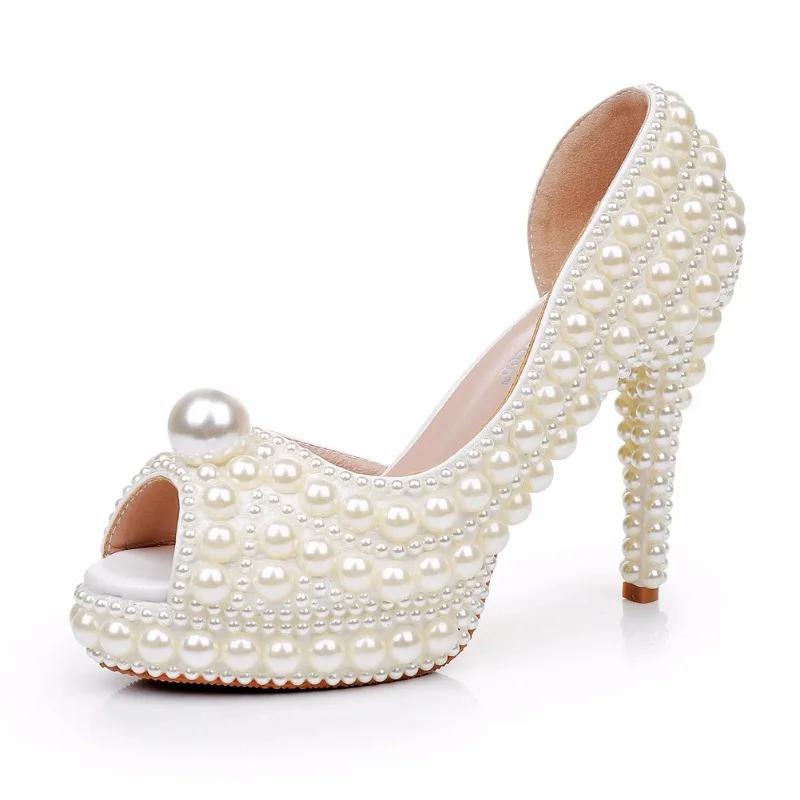 Fashion New All Pearl Fish Mouth High-heel Sandals Beige White Pearl Waterproof Platform Banquet Bride Bridesmaid Wedding Dress Sandals 36