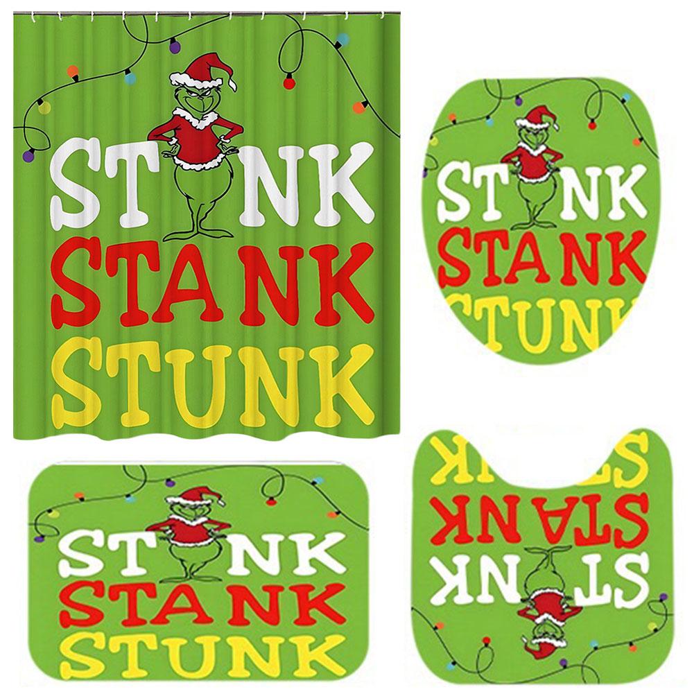 Christmas Snowman Shower Curtains Green W/Non-Slip Rugs Toilet Lid Cover Bath Mat Shower Curtain Set Home Bathroom Curtain Decor