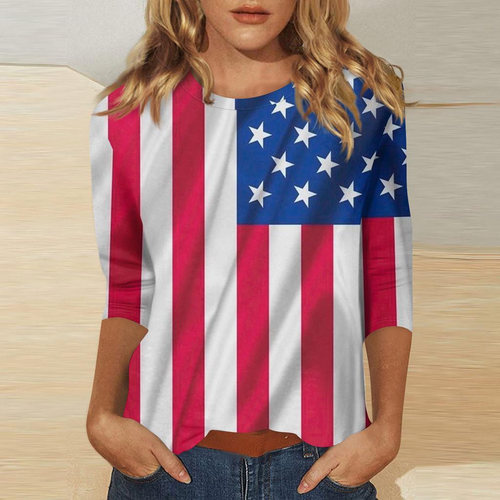 Women's Independence Day Print Round Neck Seven-Eighths Sleeve Top