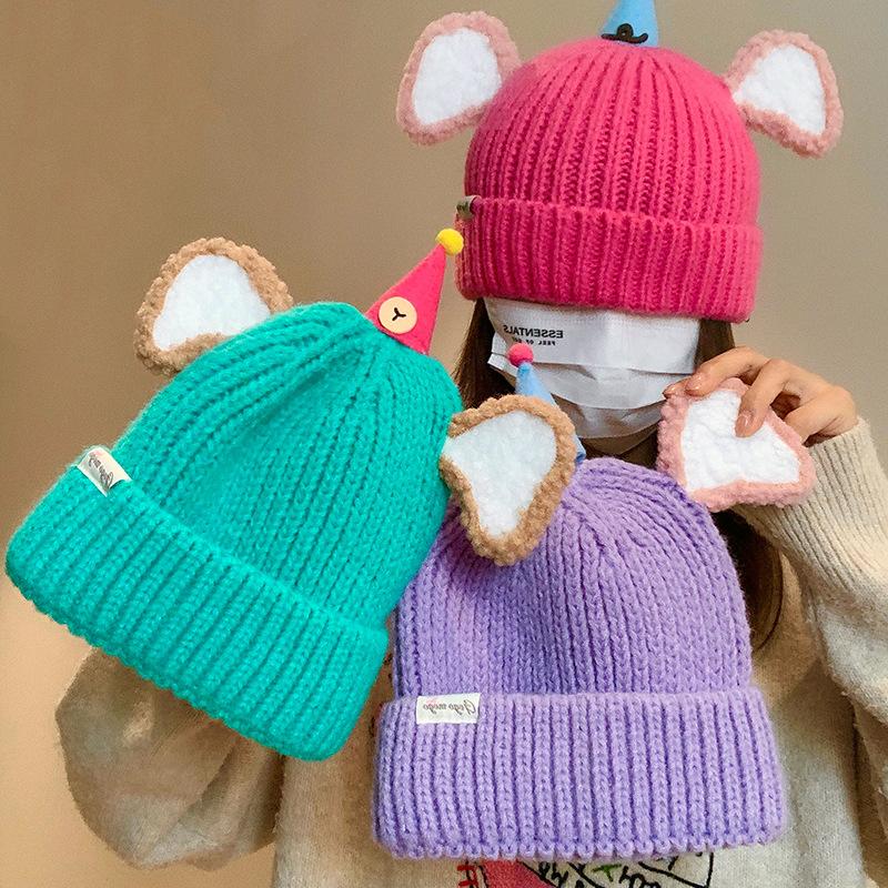 Niedliche Cartoon Plüsch Ohren Strickmütze Damen Herbst und Winter Neu Warm und Vielseitig Lustiges Gesicht Zeigt Kleine Wollmütze