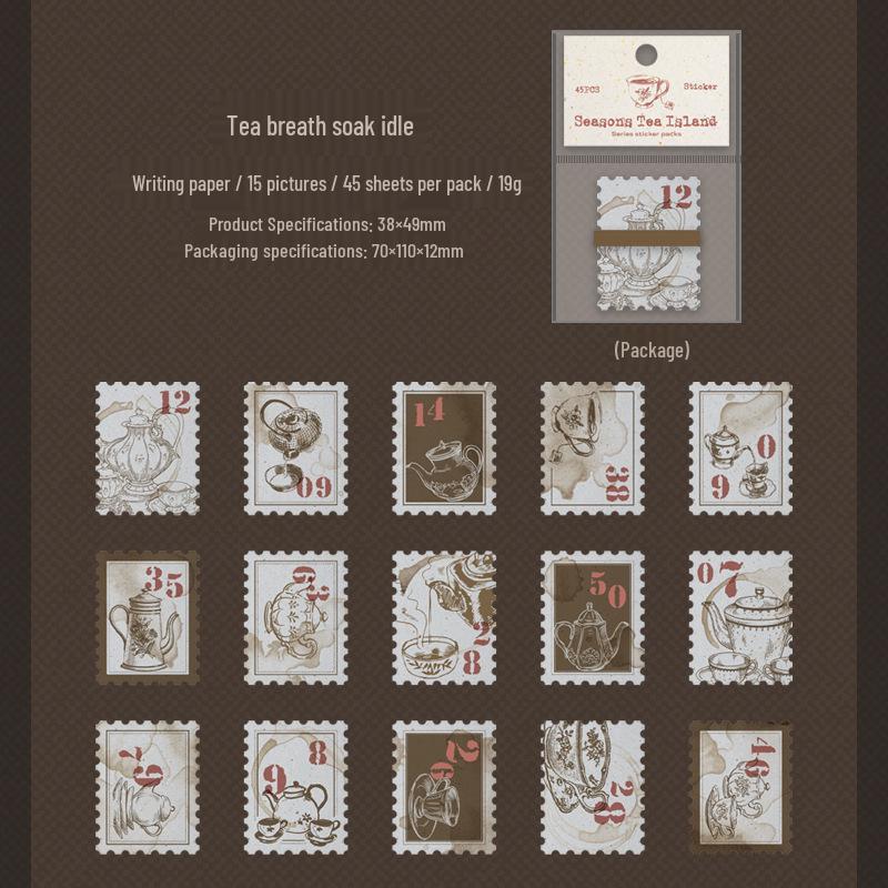 

Ketchup Girl Retro Stamp-Style Sticker Pack: Four Seasons Tea Isle Series – 45 Decorative Journal Sheets