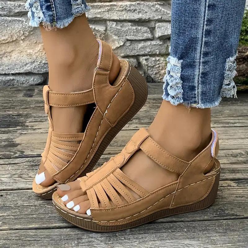 Fashion Bohemia Narrow Band Gladiator Women Summer Casual Platform Wedge Heels Sandals Back Strap Soft Sole Velcro Strap Mom's Shoes