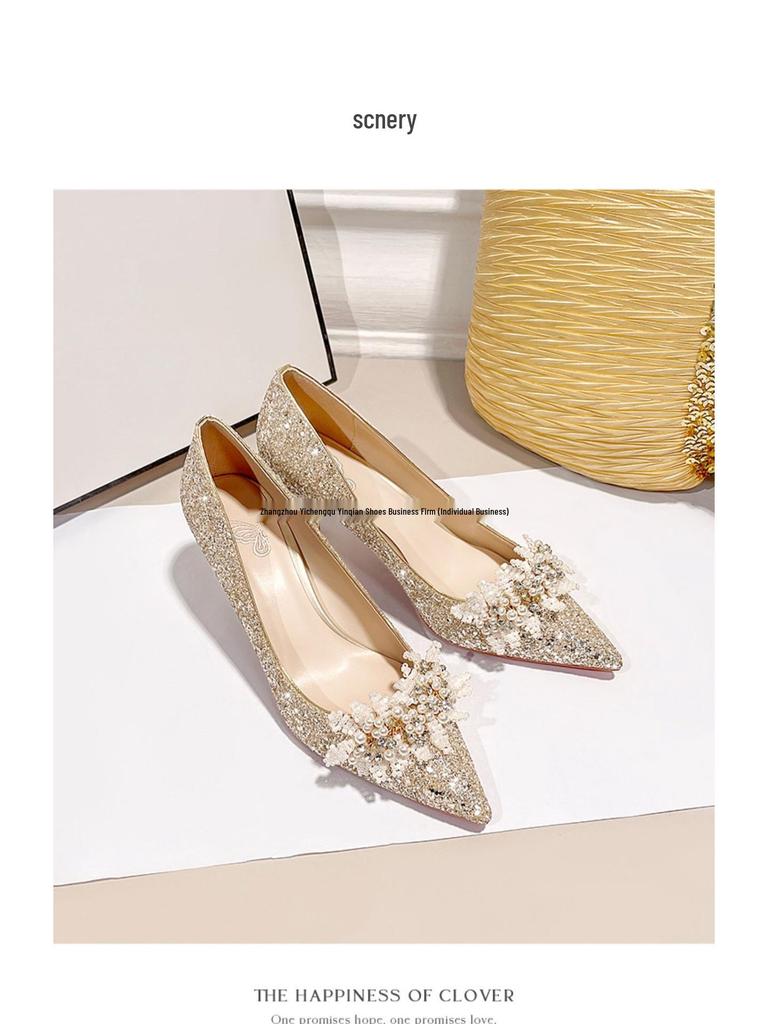 Brudens & Brudtärnornas 2025 Spetsiga Bröllopsskor - Franska Kristallhögklackade för Bröllop & Vardagsbruk