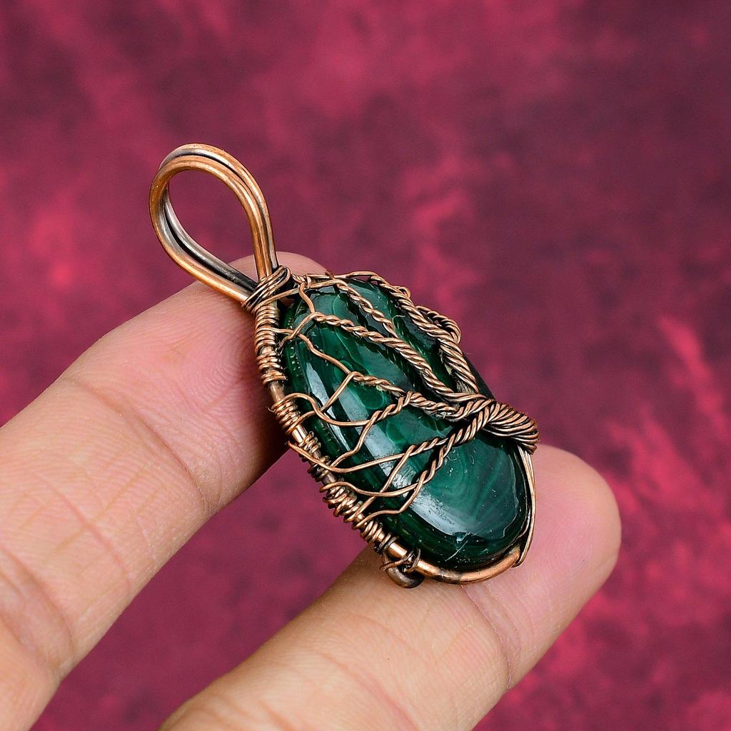 Tree Of Life Malachite Pendant Real Gemstone Jewelry Copper Wire Wrapped Pendant