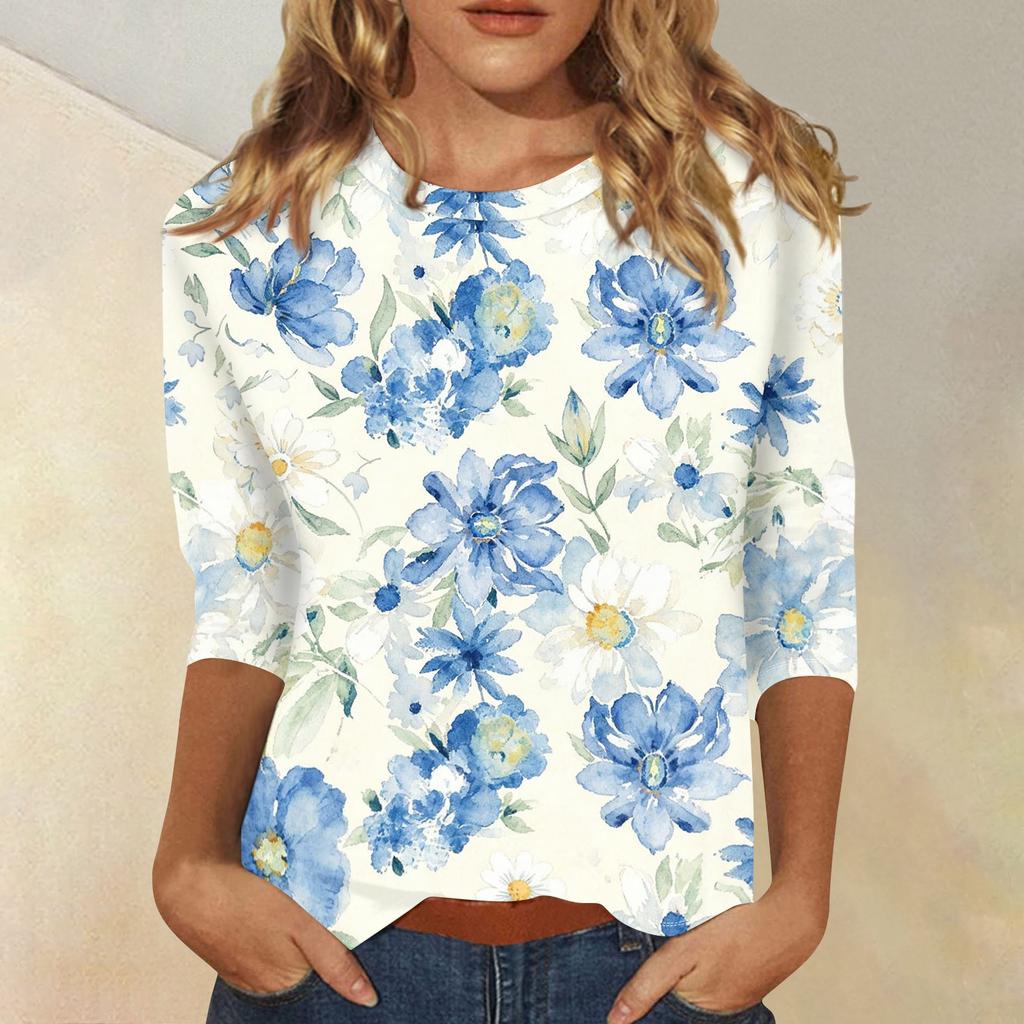 Damen Lässige Blumenprint Rundhals Dreiviertelarm Bluse Leichter Weicher Stoff Bequeme Passform Stilvolles Oberteil für den täglichen Gebrauch