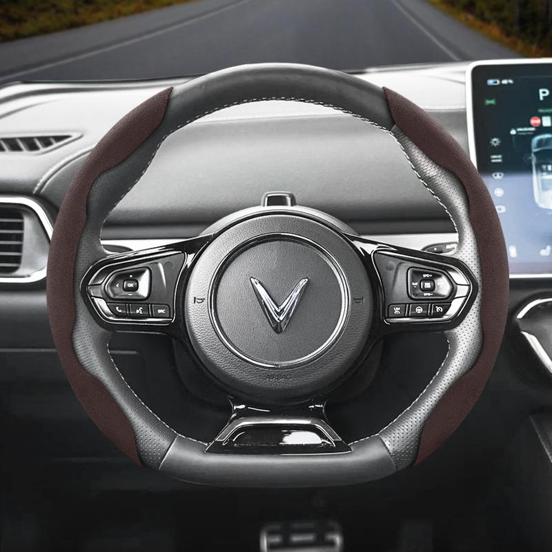 Vcxja9 Suitable for Vinfast Anti-Slip Buckle Segmented Suede Steering Wheel Cover Vf 3 5 6 7 E34 8 9 Herio Limo Green and