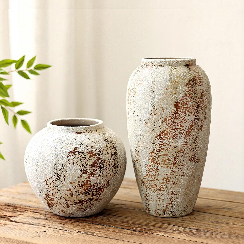 French Retro Wabi-Sabi Style High-End Ceramic Vase Jingdezhen Pot Living/Dining/Bedroom/Office Flower Arrangement Decor Dried