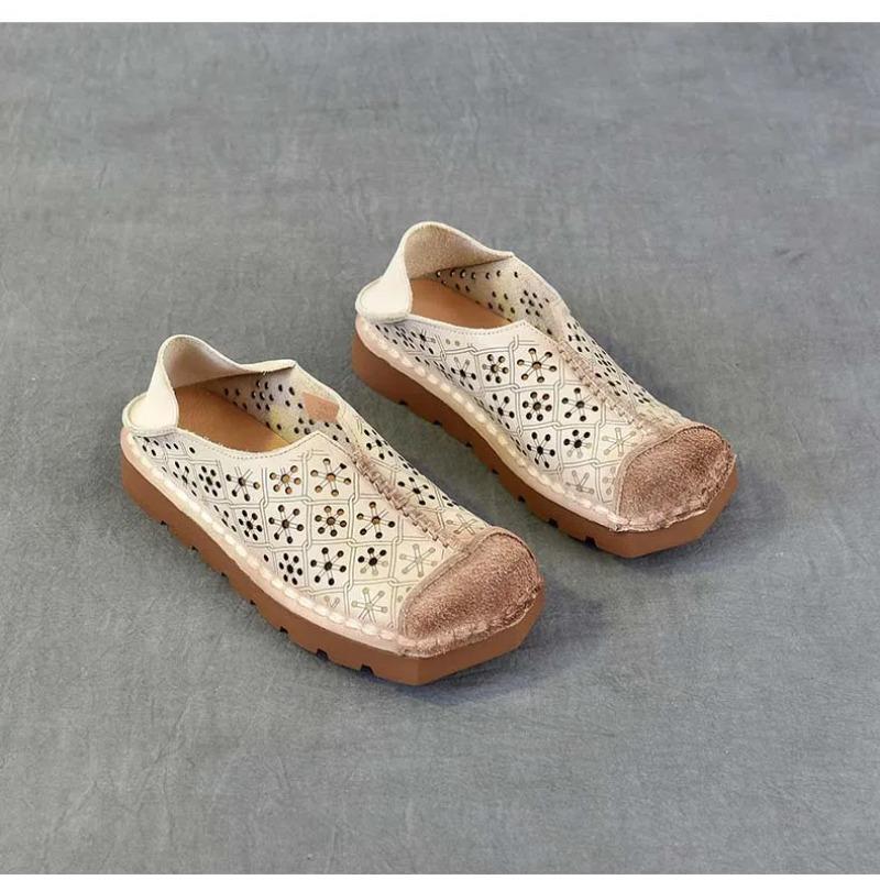 Johnature Hollow-out Breathable Flat Sandals Retro Genuine Leather Soft Soled Women's Slip-on Shoes
