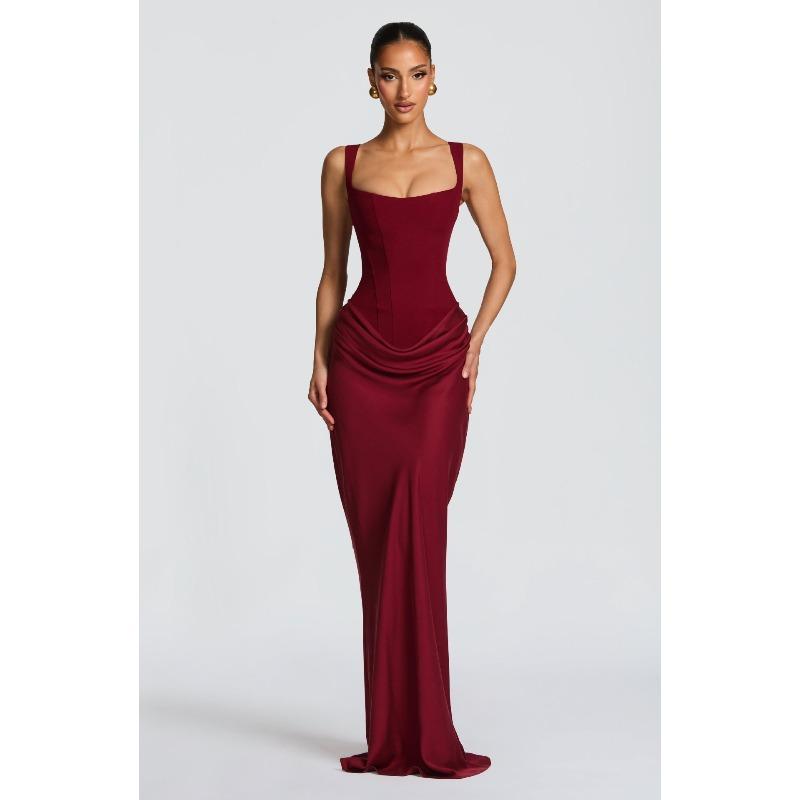 Nowość Wiosenna Jednolity Kolor Seksowna Modna Bez Rękawów Dopasowana Plisowana Kwadratowy Dekolt Sukienka Owijana na Biodra