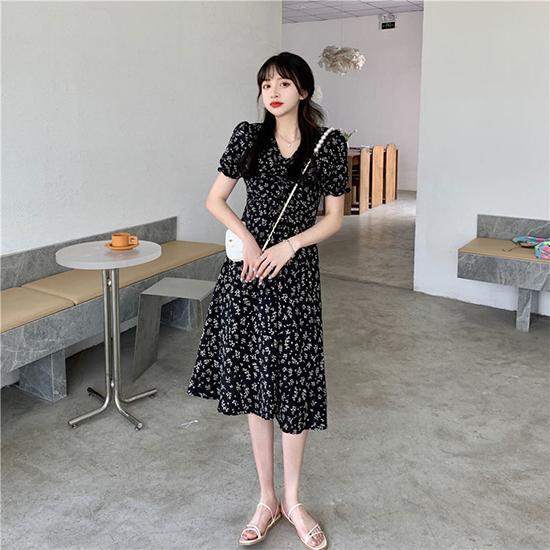 Summer Floral Temperament Skirt, Medium Length Short Sleeved French Fresh and Sweet Dress, Fairy Dress, Fashionable Women's Clothing