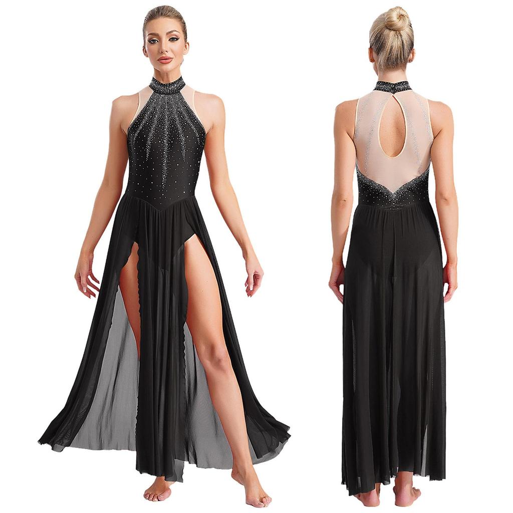 Damen Modern Lyrical Dance Dress Ärmellos Split Sheer Mesh Ballet Gymnastik Trikotkleid Zeitgenössische Performance Dancewear