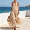 Summer Sleeveless Maxi Dress for Women, Deep V Neck Mesh Patchwork Long Dress, A-line Ruffle Flowy Beach Sundress