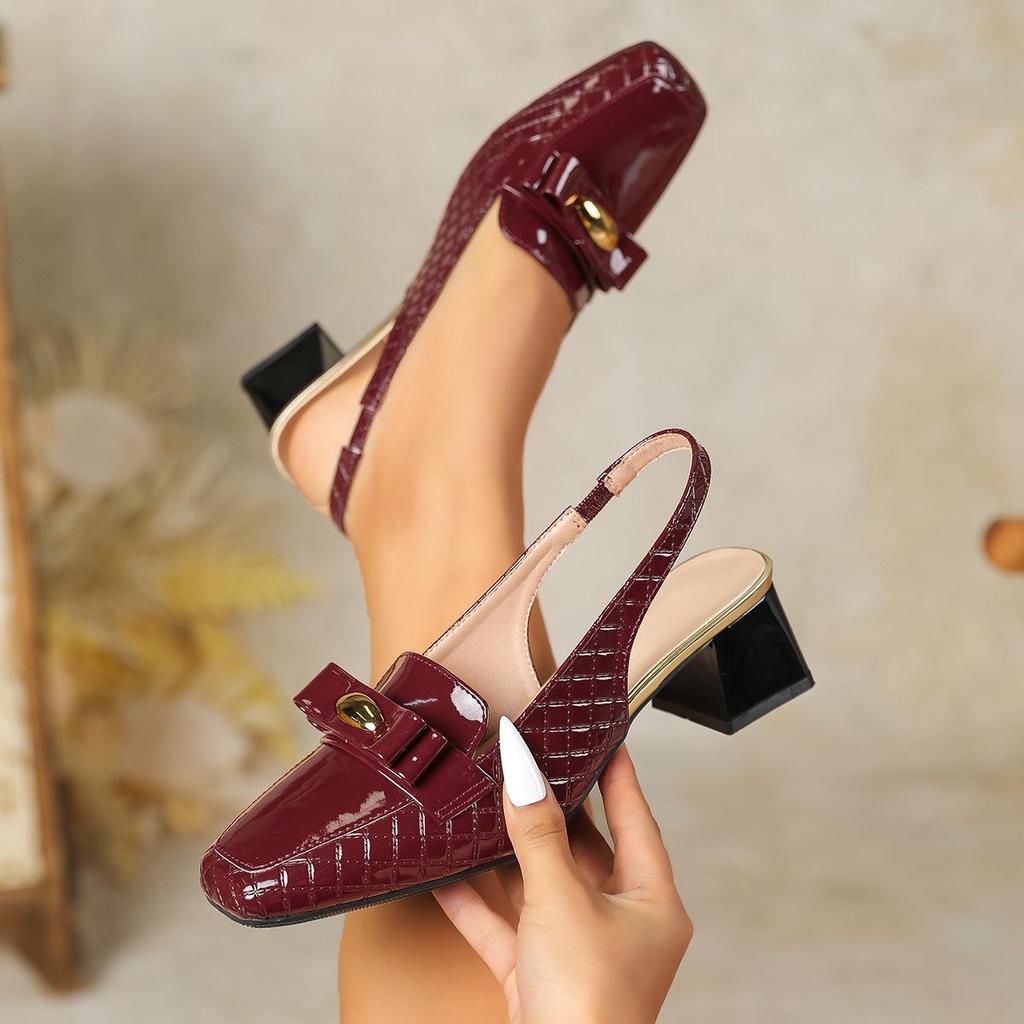 Women's European and American Patent Leather Chunky Heel Sandals, Square Toe, Back Cutout, Plus Size 43 (8839-7LX)
