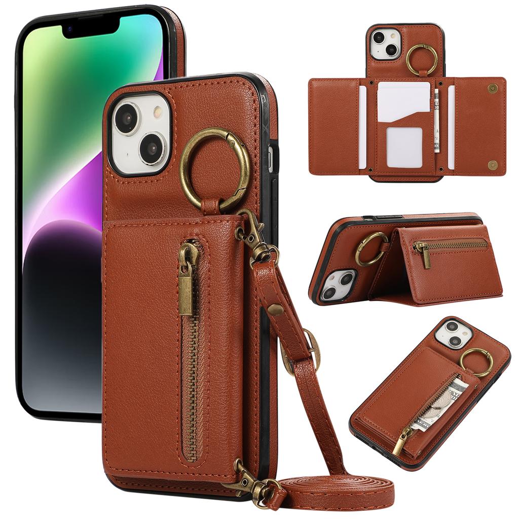 For iPhone 14/13 Leather Back Cover Zipper Wallet Kickstand Phone Case with Shoulder Strap