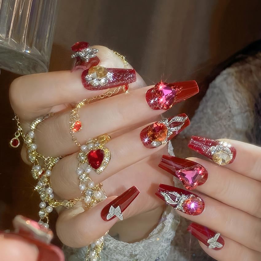 New red wearing nail piece flash diamond festive nail art finished product removable fingernail fake nail patch U77