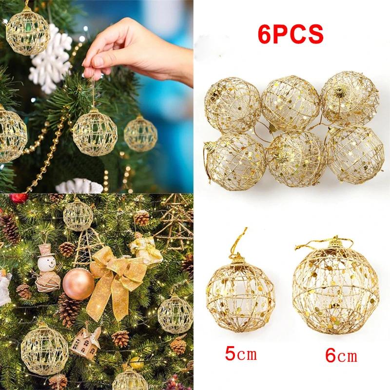 6PCS Round Shape Gold Bling Christmas Tree Pendant Ball for Christmas Birthday Party Wedding Party Ornament Home Decorations