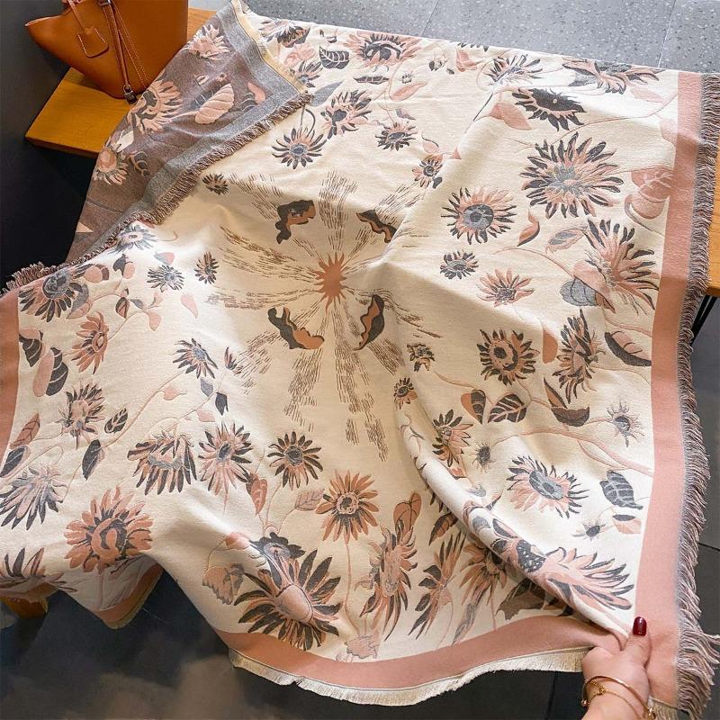 

2024 Новый ретро-шарф с принтом подсолнечника с утолщенным и большим квадратным шарфом, модная и универсальная накидка в стиле шали 132x134cm